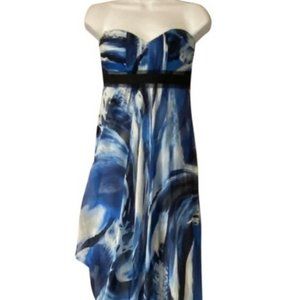 EUC BCBGMaxAzria Blue Multi Abstract Print 100% Silk Strapless Maxi Dress Size 2